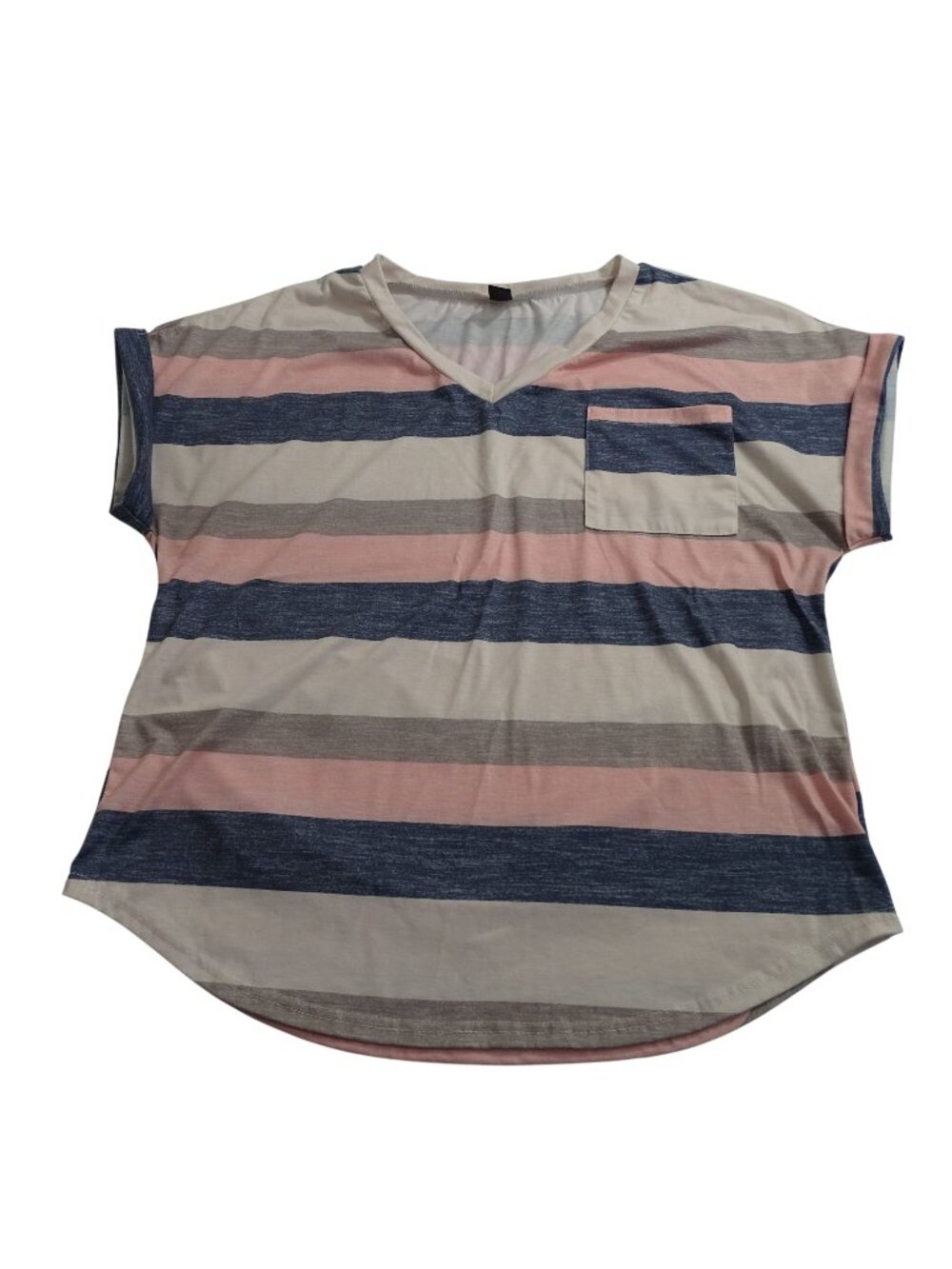 Shein Pink Gray Striped V-Neck Pocket T-Shirt Top Women Size XL 12 Short Sleeve